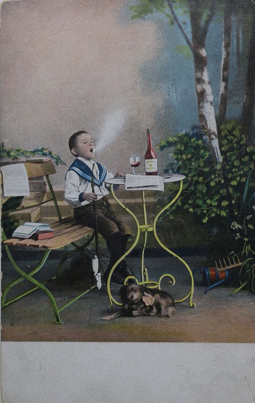 German Postcard of Young Boy Smoking Pipe Image